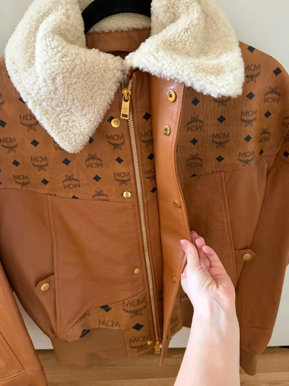 MCM Cognac Brown Leather Bomber Jacket with Shearling Collar - Picture 4 of 6